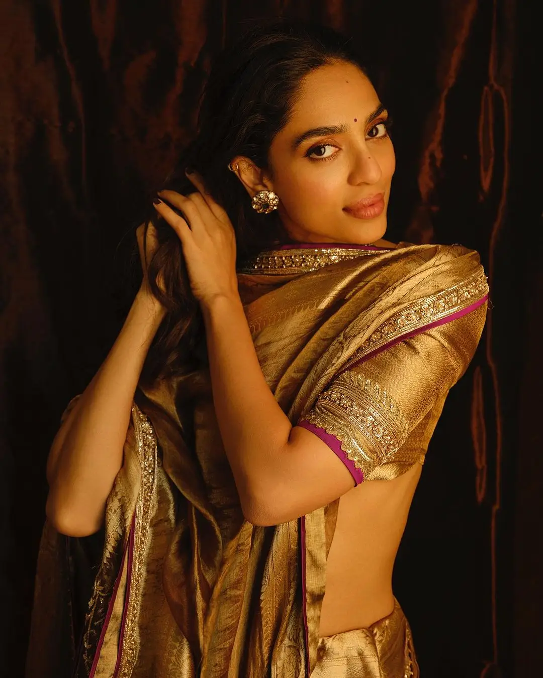 Sobhita Dhulipala In Beautiful Earrings Jewellery Orange Saree Blouse